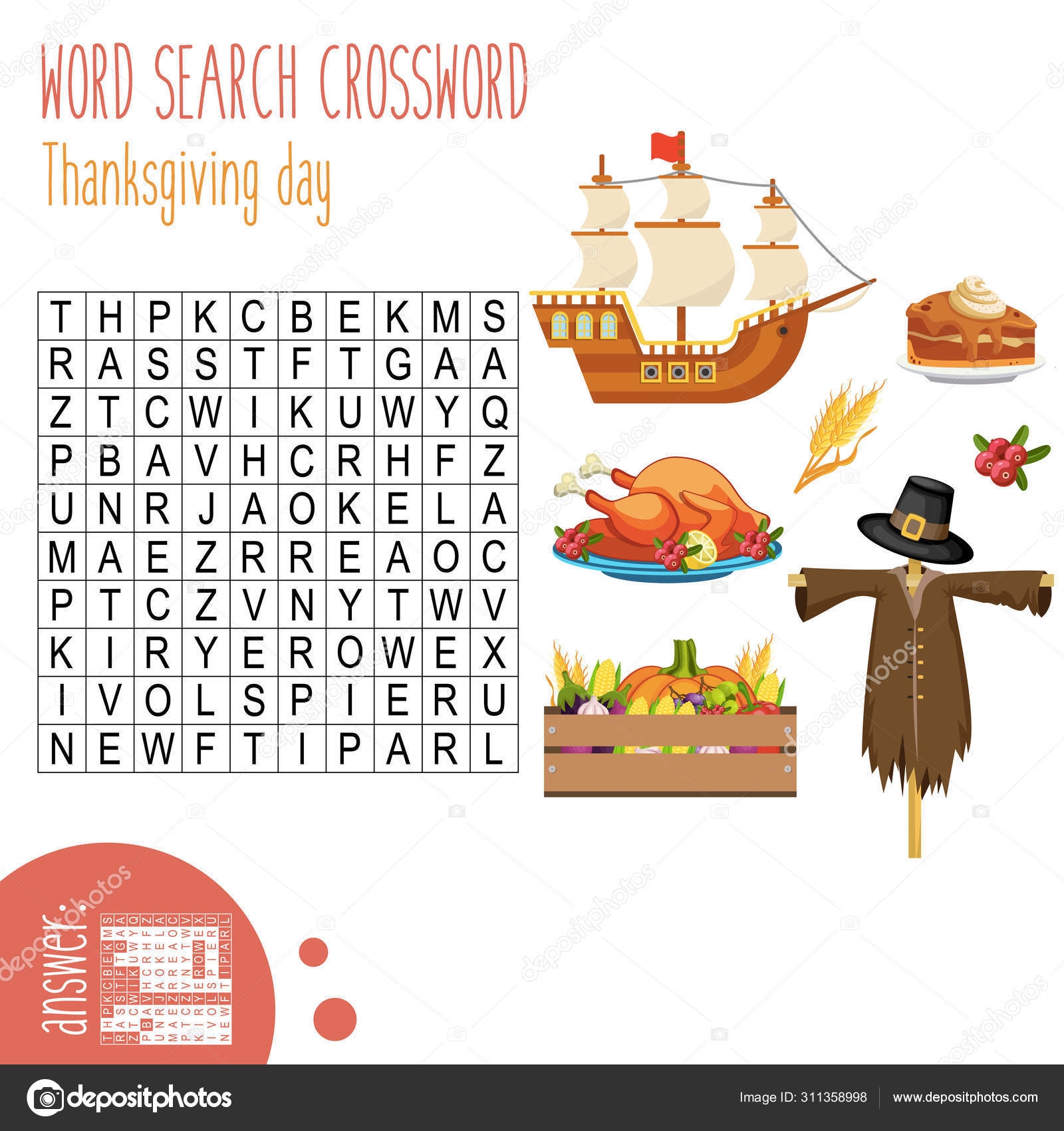 Easy Word Search Crossword Puzzle Thanksgiving Day Children Elementary Middle Stock Vector By yekaterinalim 311358998