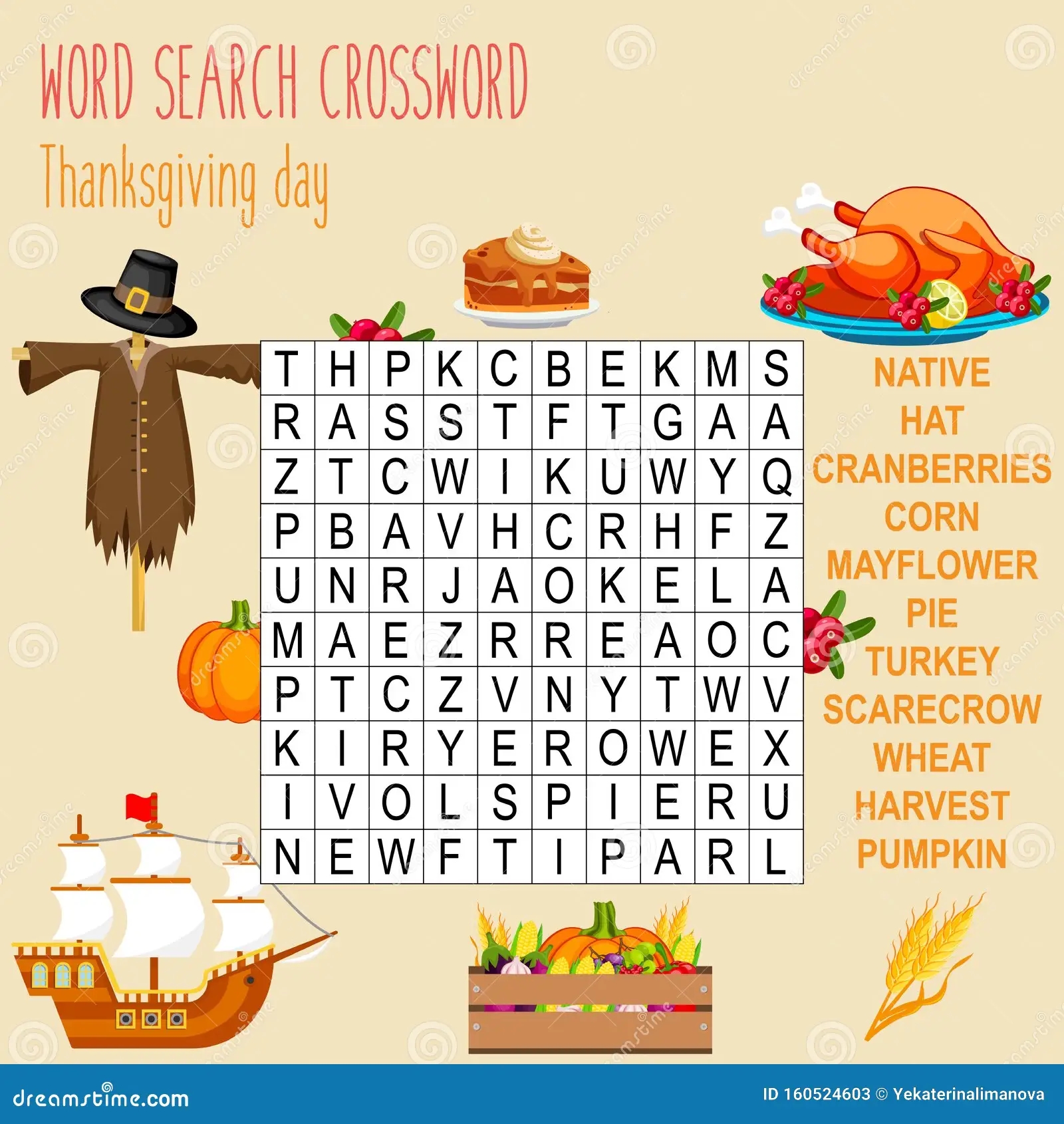 Easy Word Search Crossword Puzzle Thanksgiving Day Stock Vector Illustration Of Answers Brainteaser 160524603