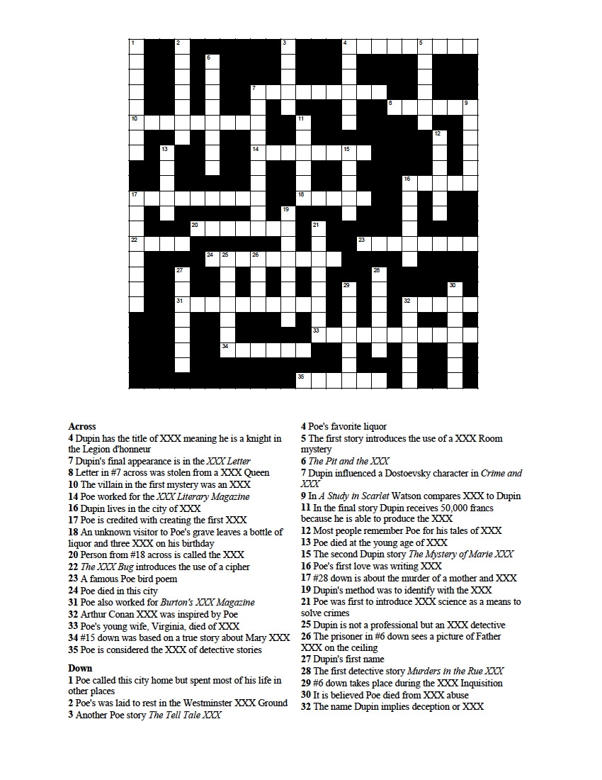 Edgar Allan Poe Crossword Puzzle Millie Mack s Blog