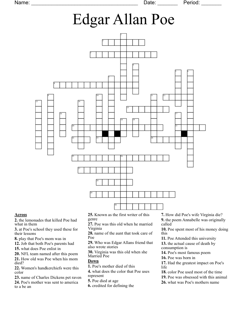 Edgar Allan Poe Crossword WordMint