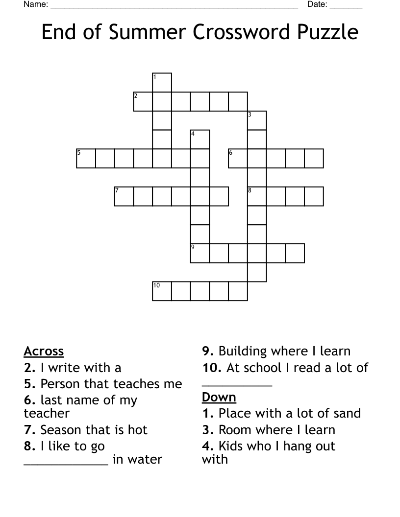 End Of Summer Crossword Puzzle WordMint