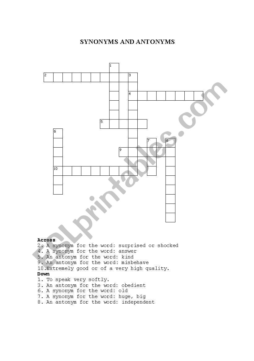 Antonyms Crossword Puzzle
