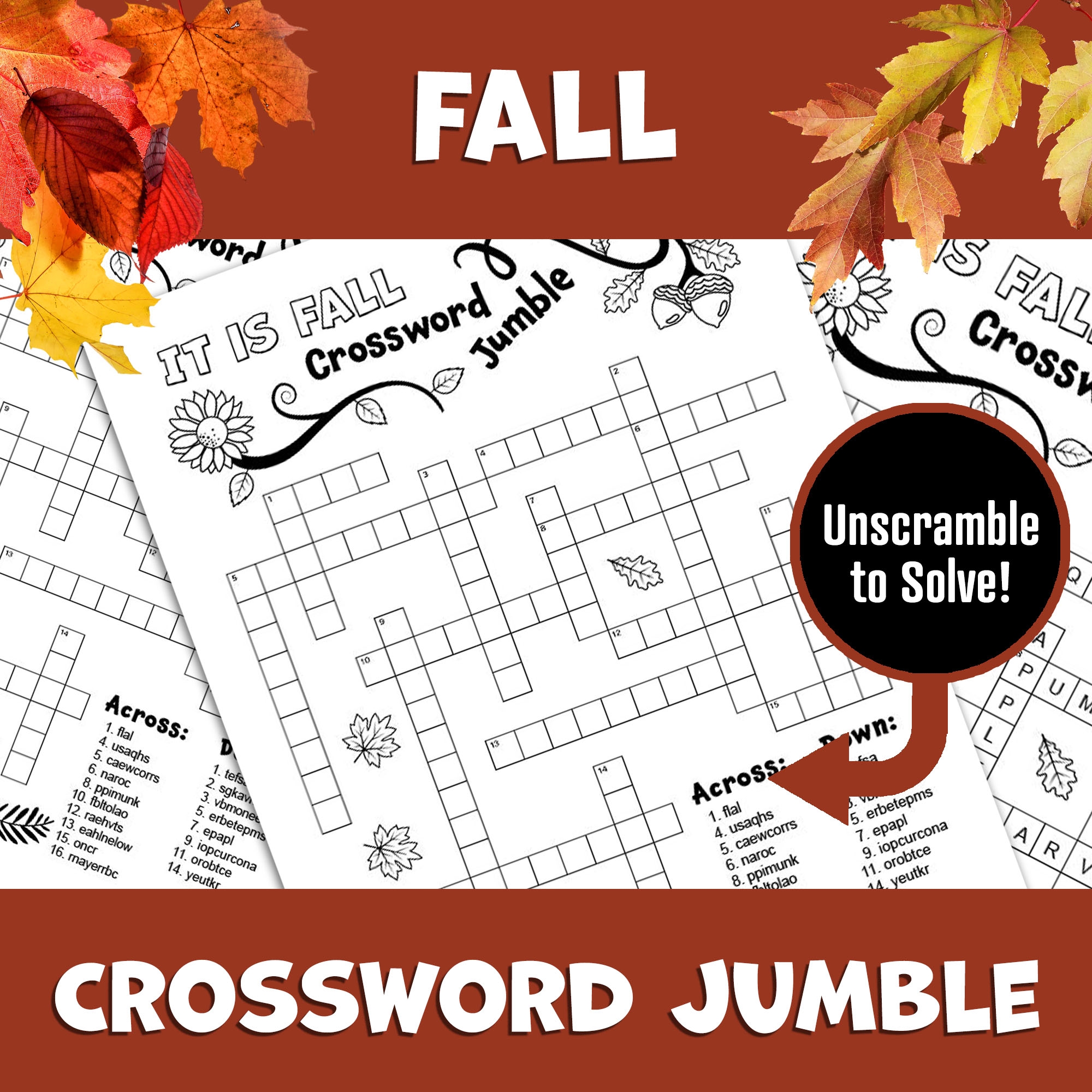 Fall Crossword Puzzle Autumn Word Scramble Word Game Brain Break Activity Classful