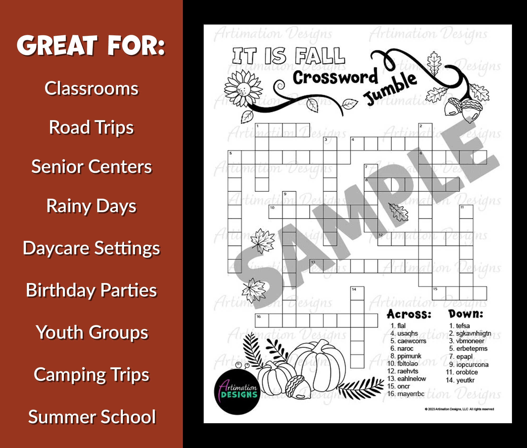 Fall Crossword Puzzle Autumn Word Scramble Word Game Brain Break Activity Classful