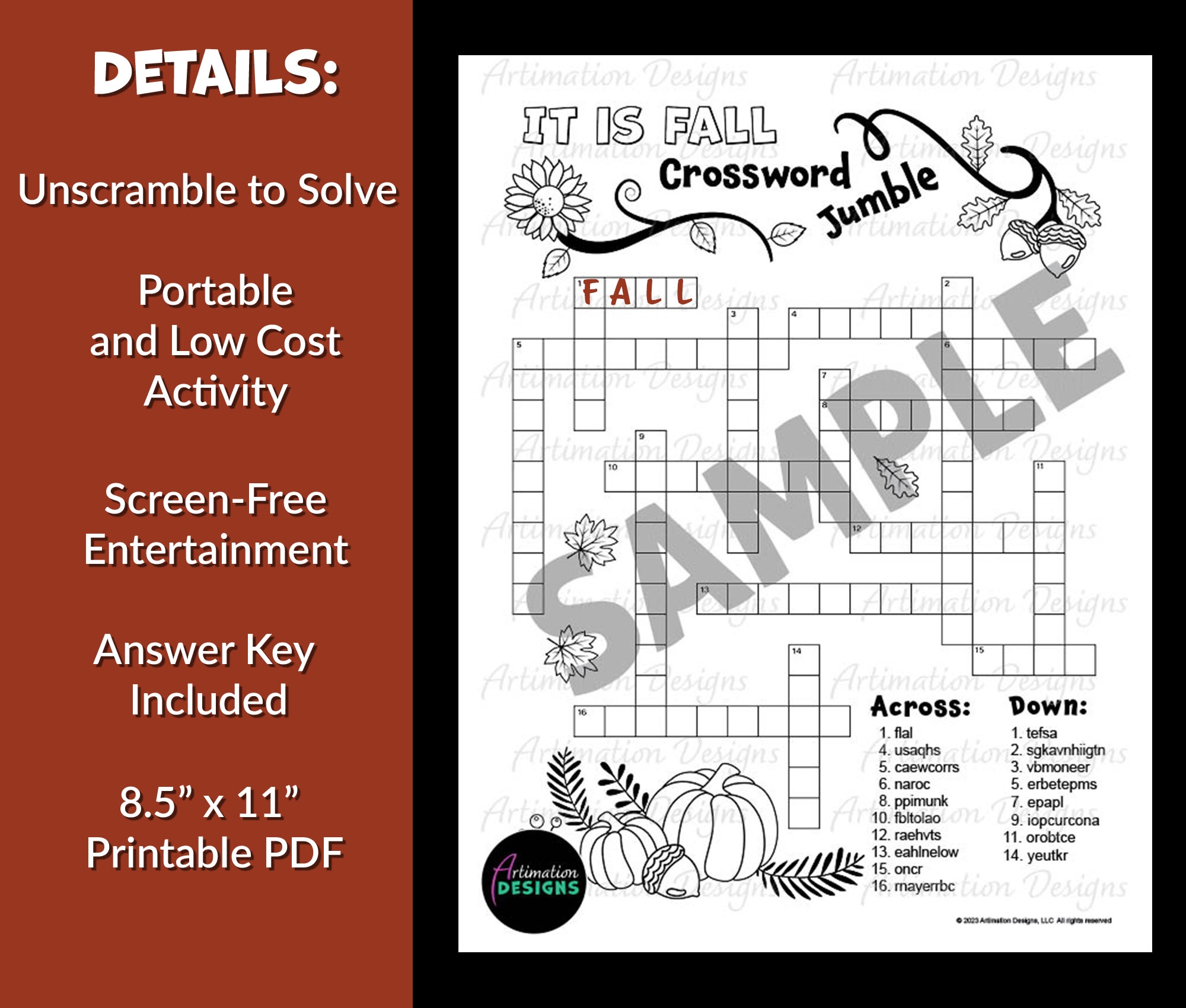 Fall Crossword Puzzle Autumn Word Scramble Word Game Brain Break Activity Classful