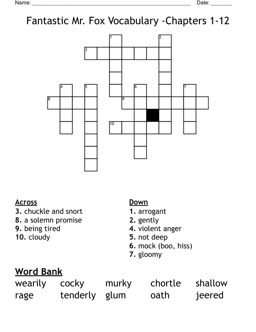 Fantastic Mr Fox Vocabulary Chapters 1 12 Crossword WordMint