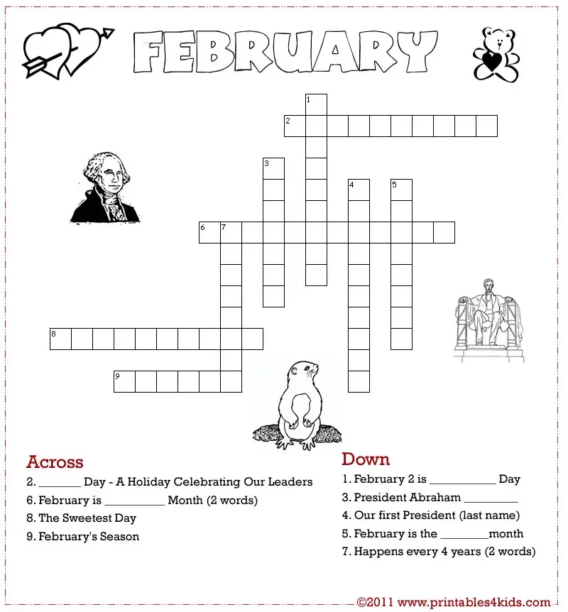 February Crossword Puzzle Printables For Kids Free Word Search Puzzles Coloring Pages And Other Activities