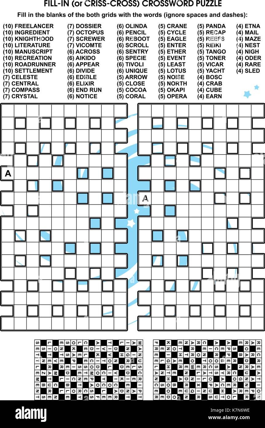 Fill In The Blanks Crossword Puzzle With American Style Grid Of 21x21 Size 68 Blocks 110 Words One Letter Revealed Answer Included Stock Vector Image Art Alamy