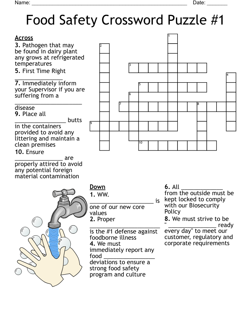 Food Safety Crossword Puzzle 1 WordMint