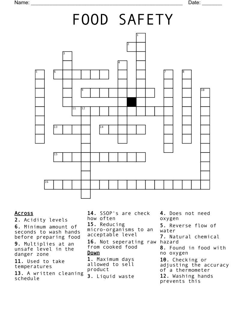 FOOD SAFETY Crossword WordMint