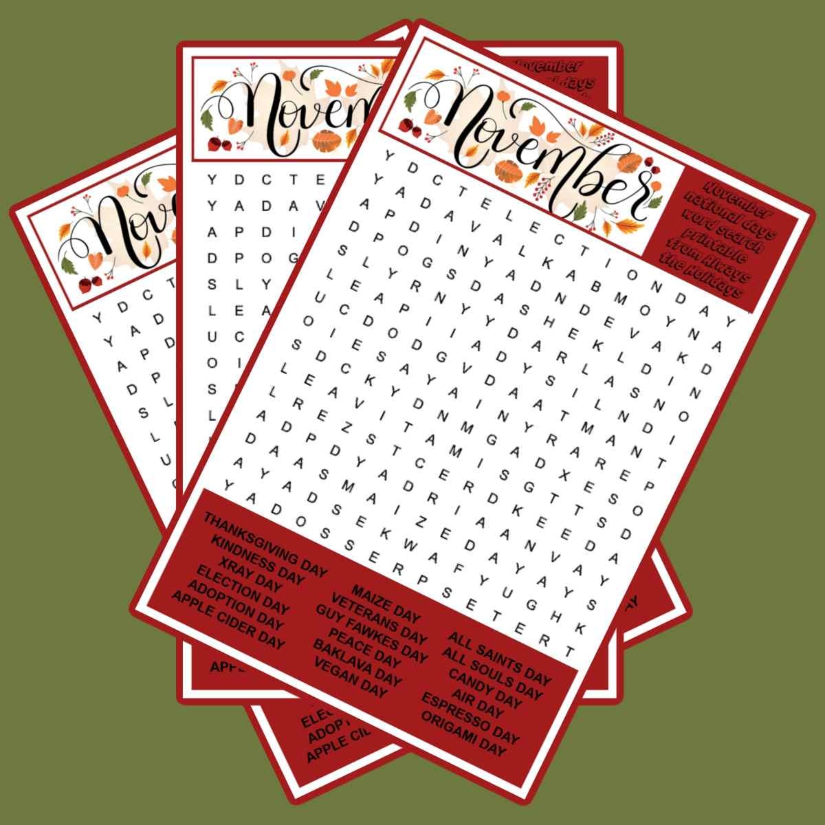 Free November Word Search Printable National Days Word Find