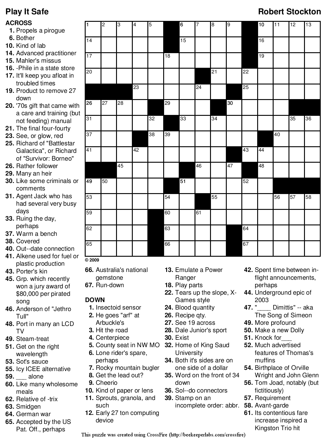 Free Printable Crossword 102 Play It Safe Beekeeper Crosswords