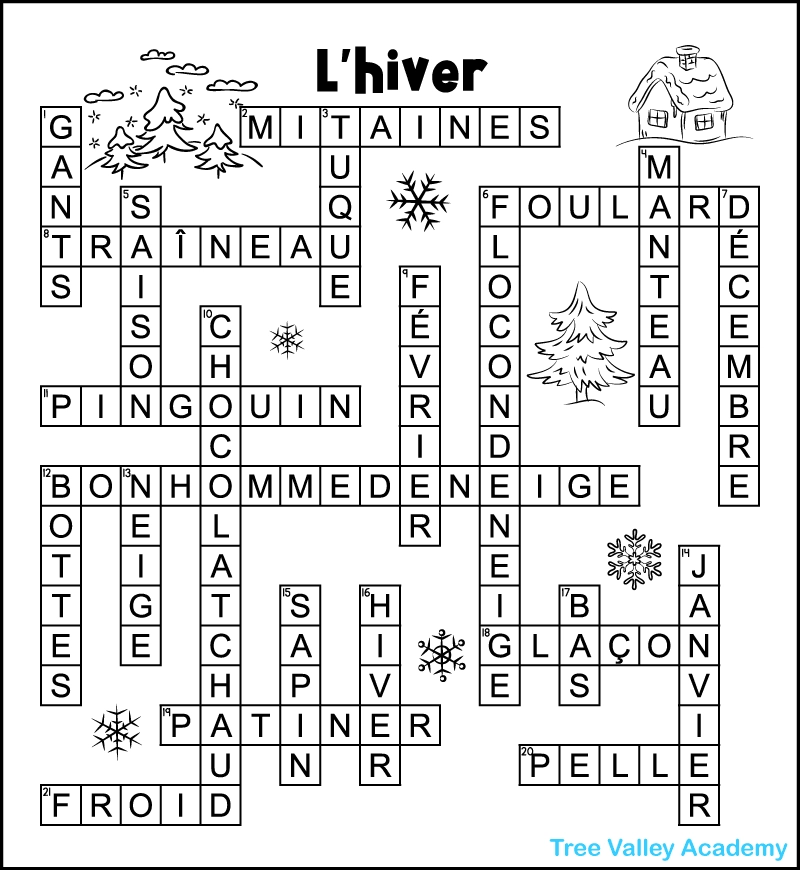 French Winter Crossword Puzzle Tree Valley Academy