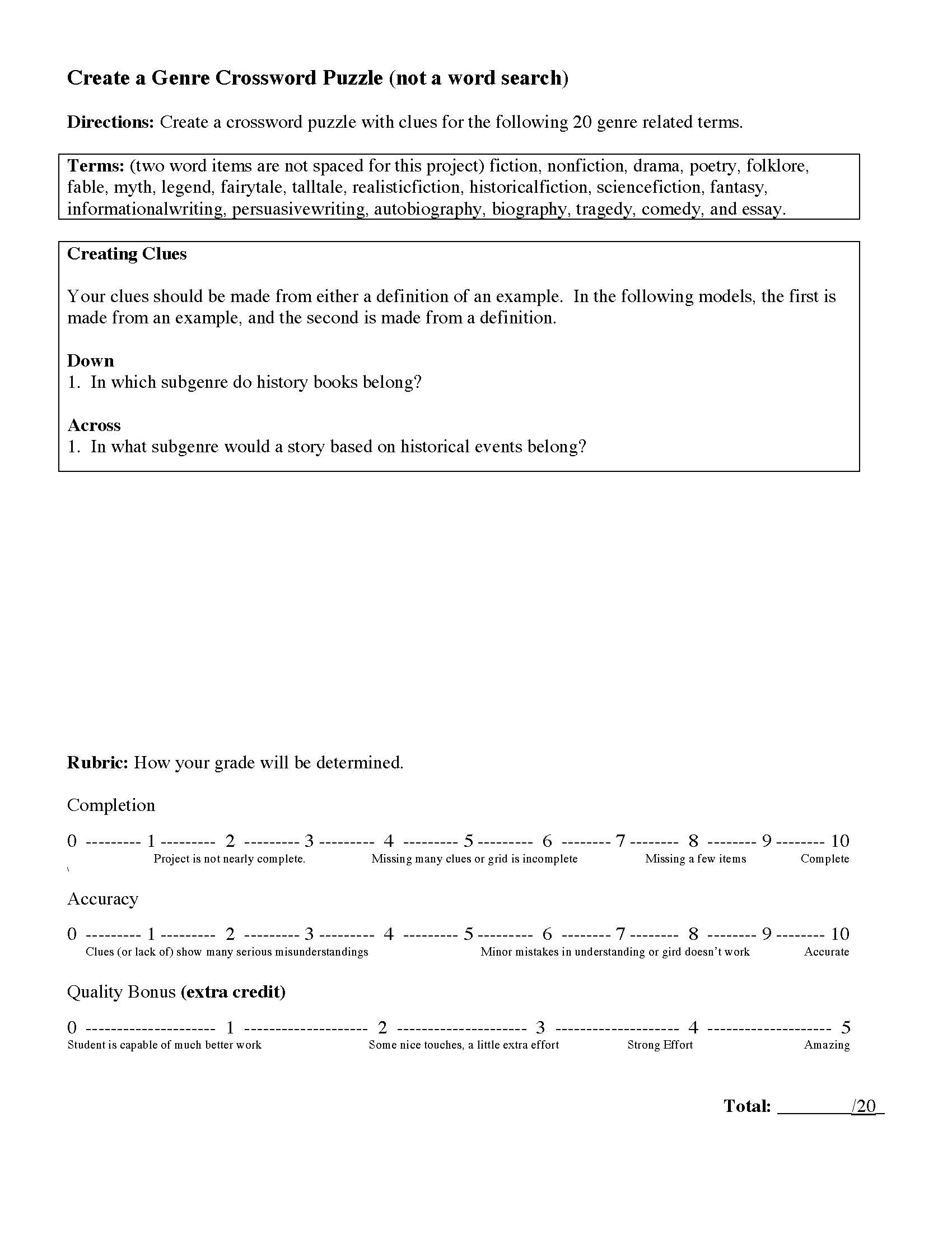 Genre Crossword Puzzle Creator Project Reading Activity