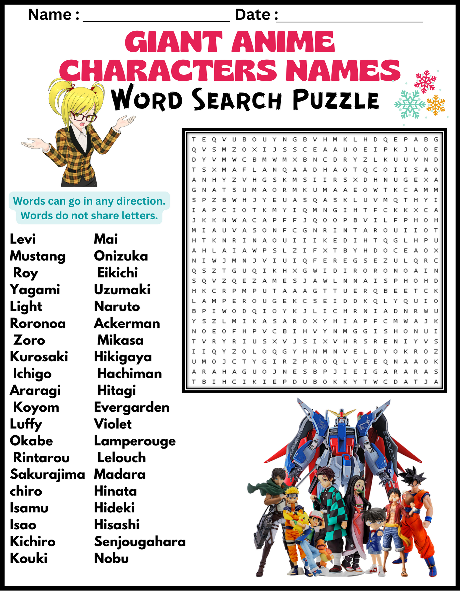 GIANT ANIME CHARACTERS NAMES Word Search Puzzle Worksheet Activity Made By Teachers