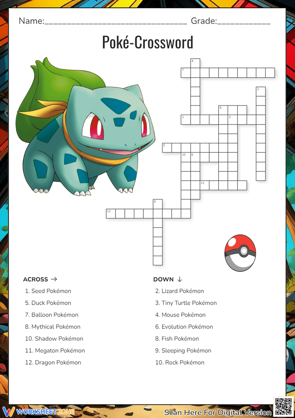 Grade 1 Pokemon Crossword Puzzle Worksheets 2025