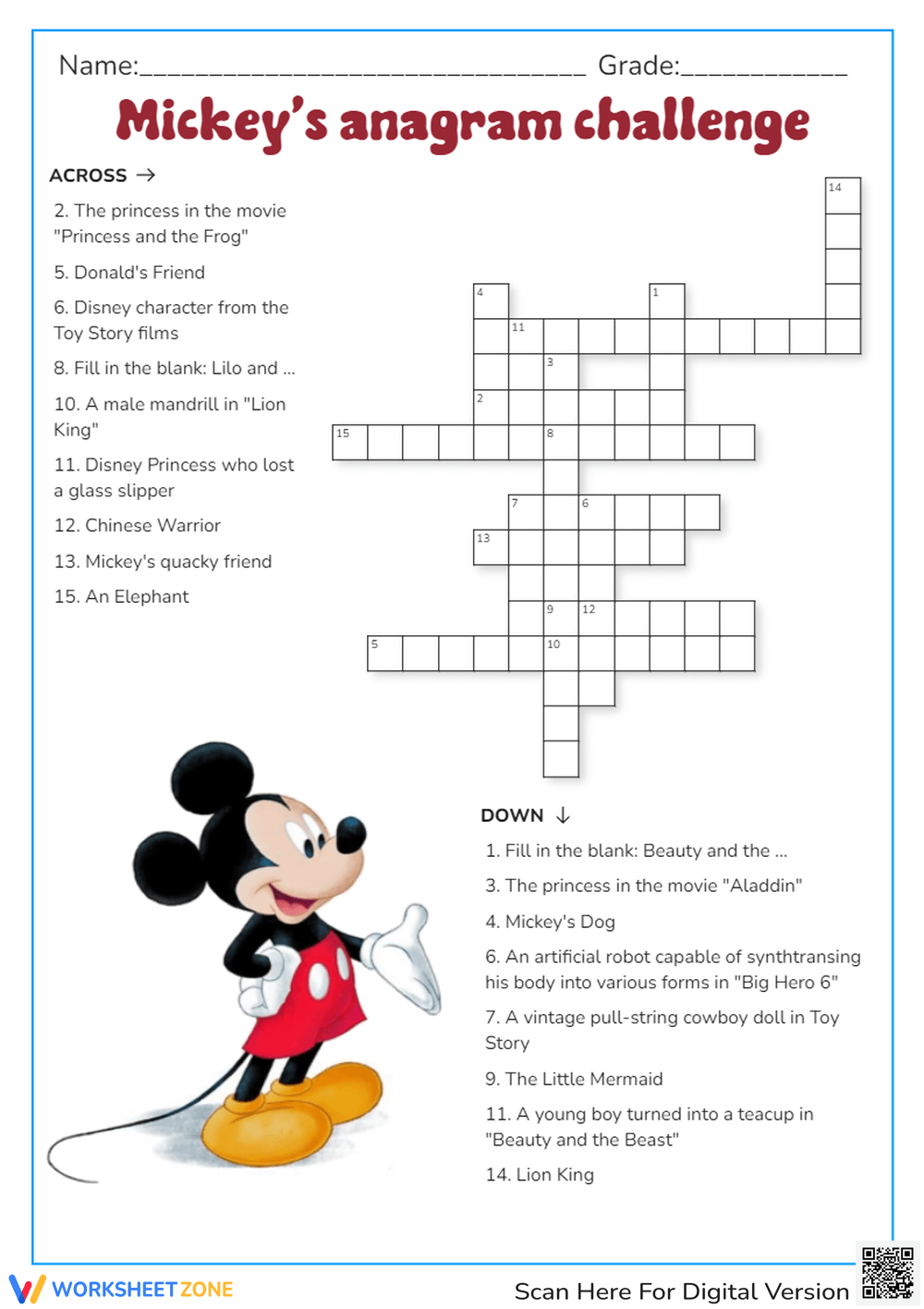 Grade 2 Disney Crossword Puzzles Worksheets 2025