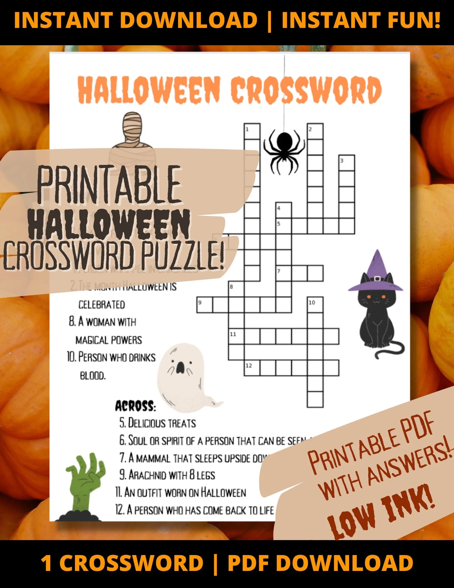Halloween Printable CROSSWORD PUZZLE with Answer Key Etsy Australia