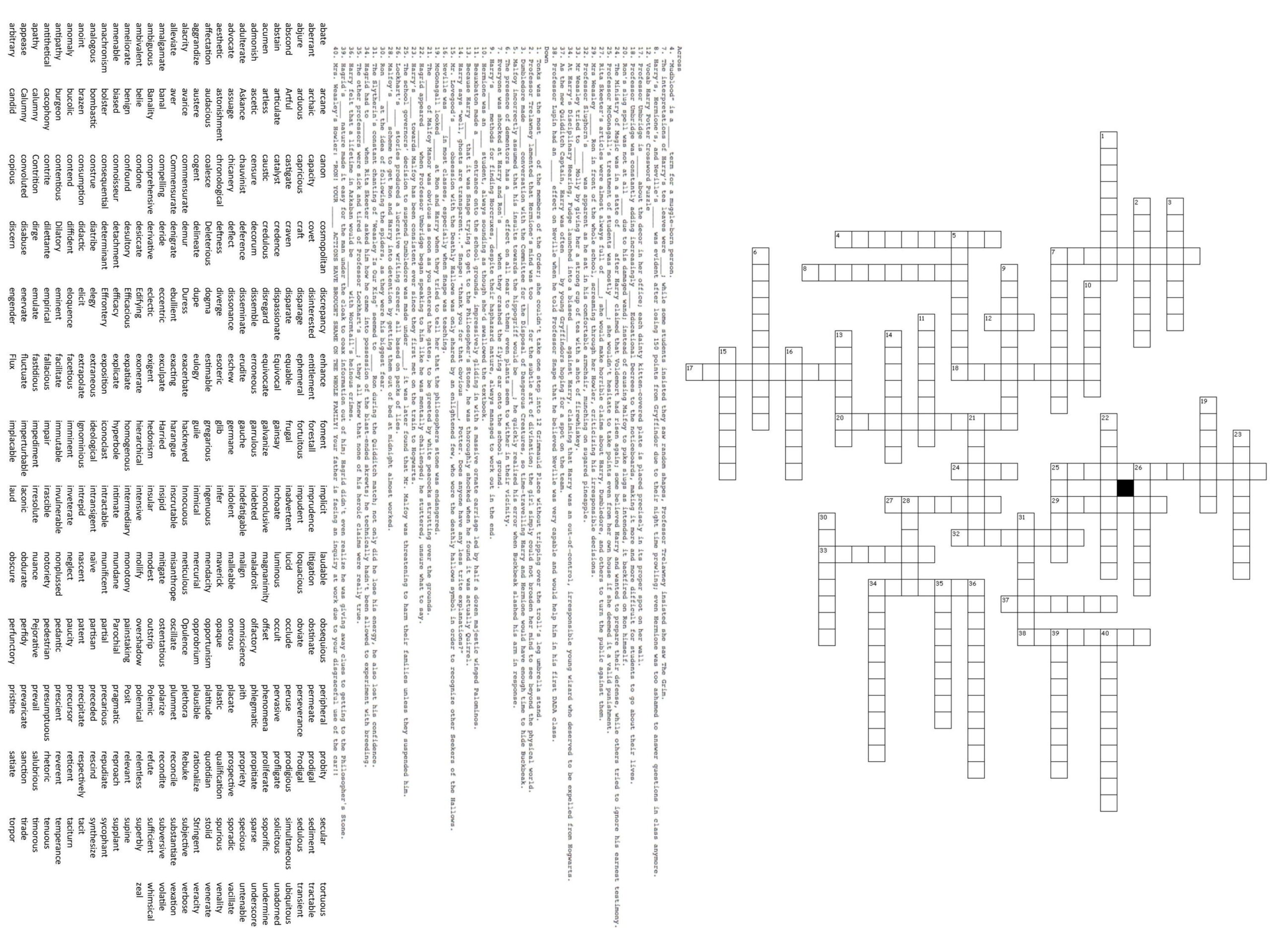 Harry Potter GRE Vocab Crossword Puzzle R GRE
