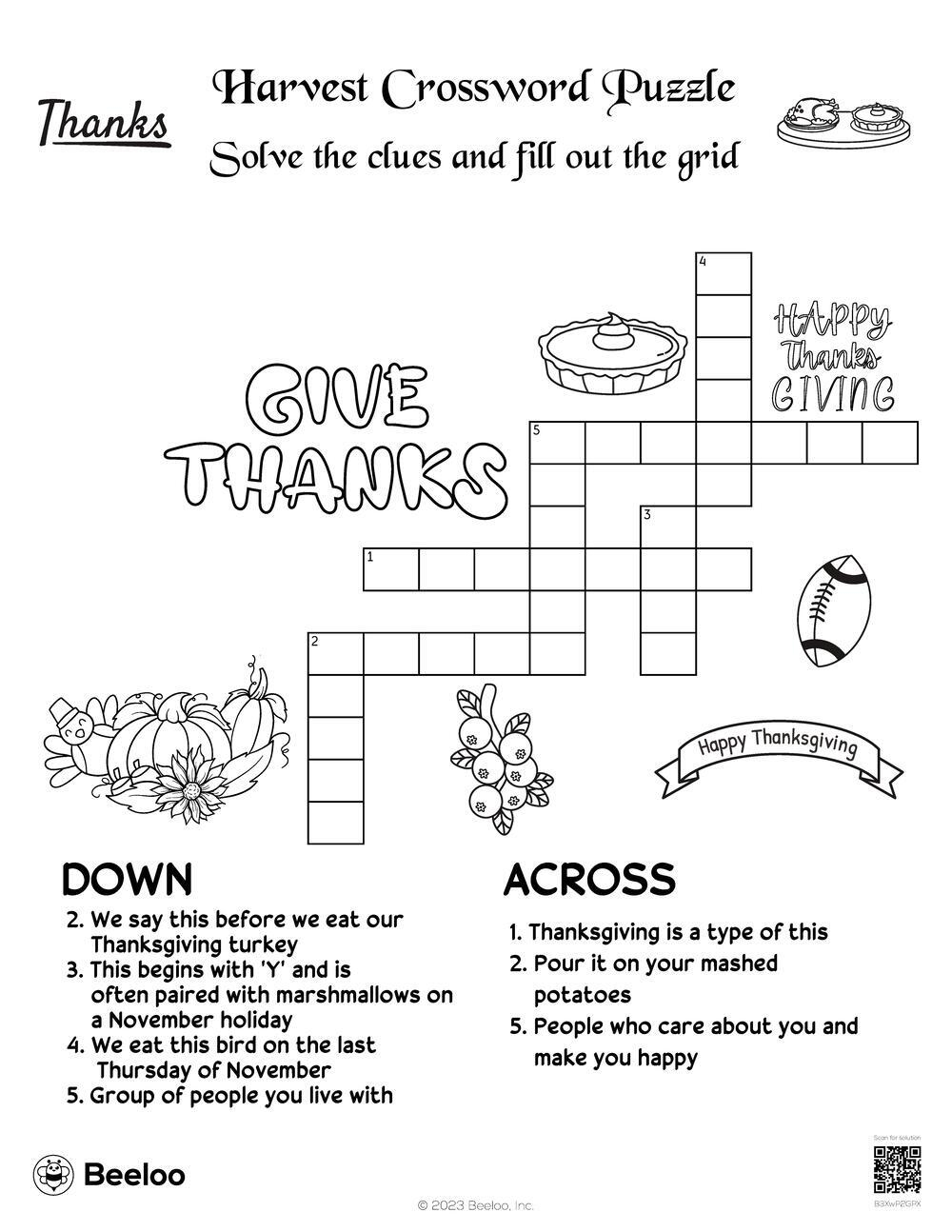 Thanksgiving Crossword Puzzle Printable