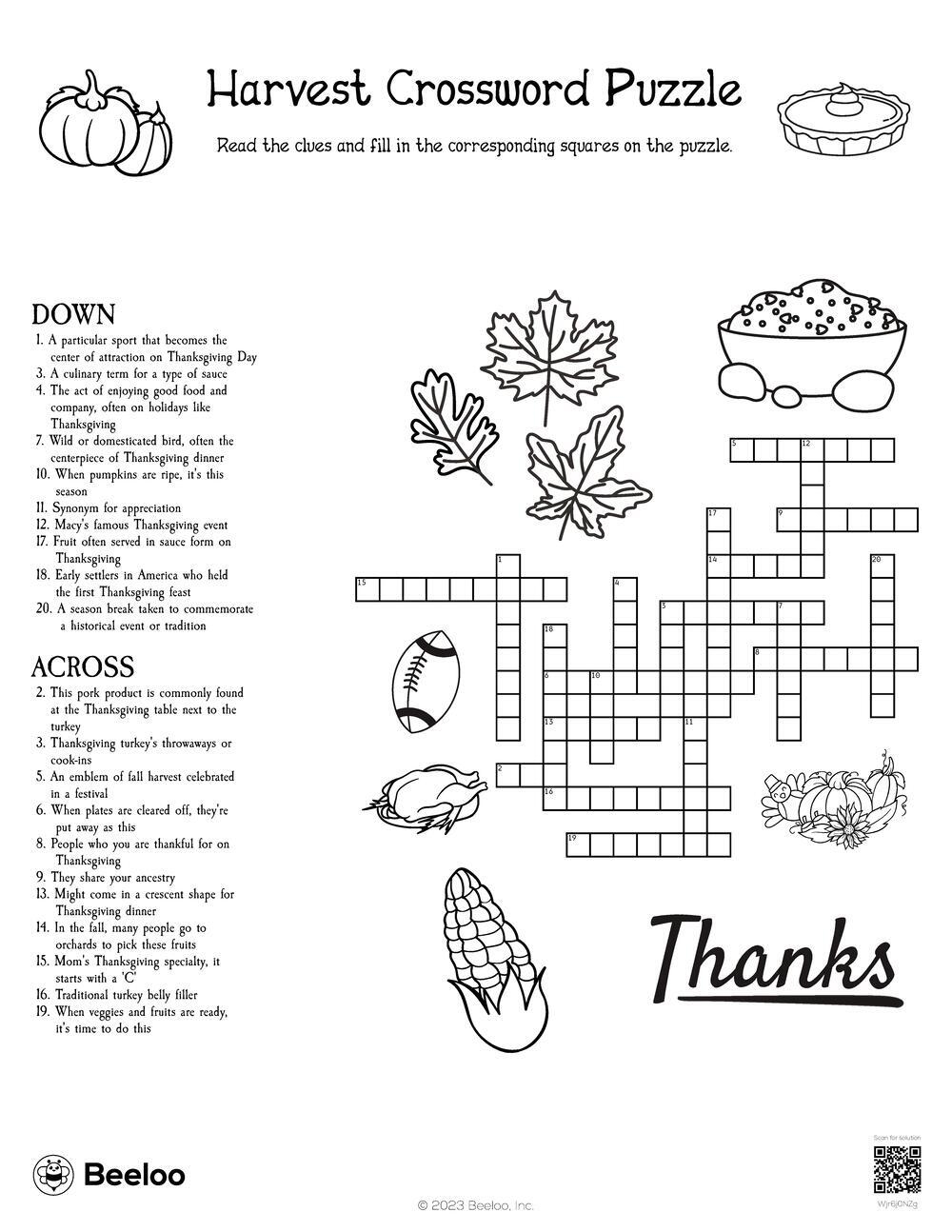 Harvest Crossword Puzzle Beeloo Printable Crafts And Activities For Kids
