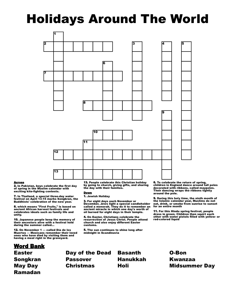 Holidays Around The World Crossword WordMint