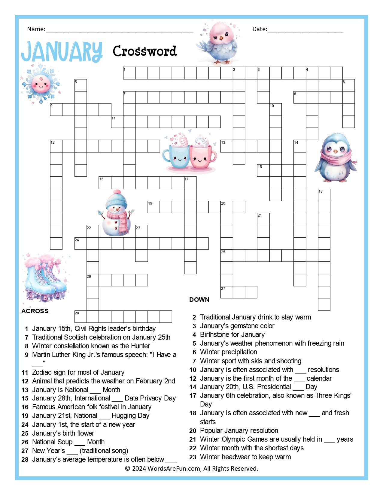 January Crossword Puzzle Worksheets Library