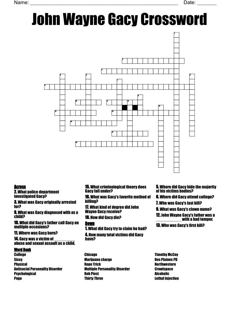 John Wayne Gacy Crossword WordMint
