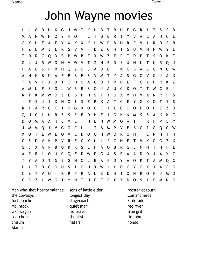 John Wayne Movies Word Search WordMint