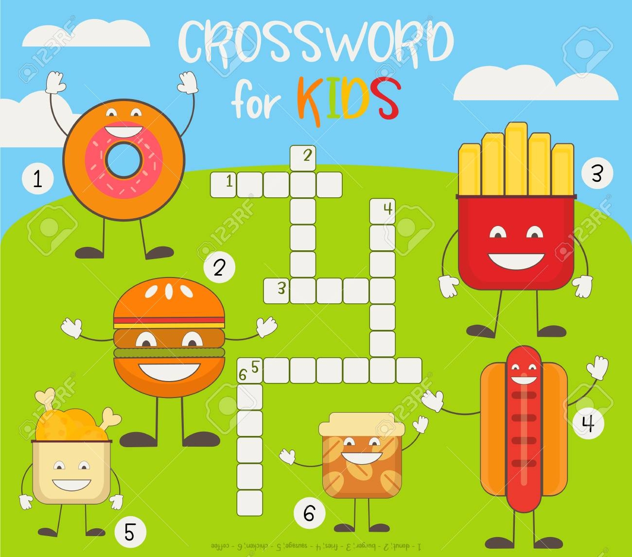 Kids Colorful Crossword In English Magazine Book Puzzle Game With Cute Fast Food Characters Vector Illustration Royalty Free SVG Cliparts Vectors And Stock Illustration Image 102135115 