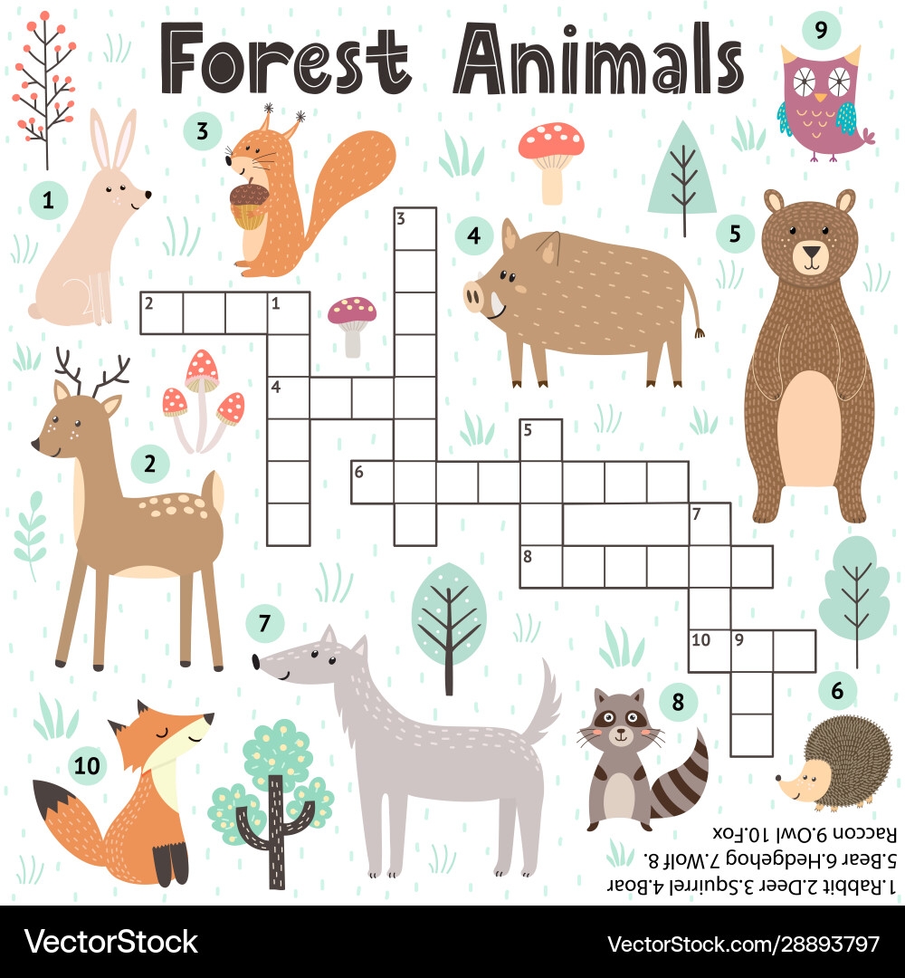 Kids Forest Animal Crossword Puzzle Royalty Free Vector