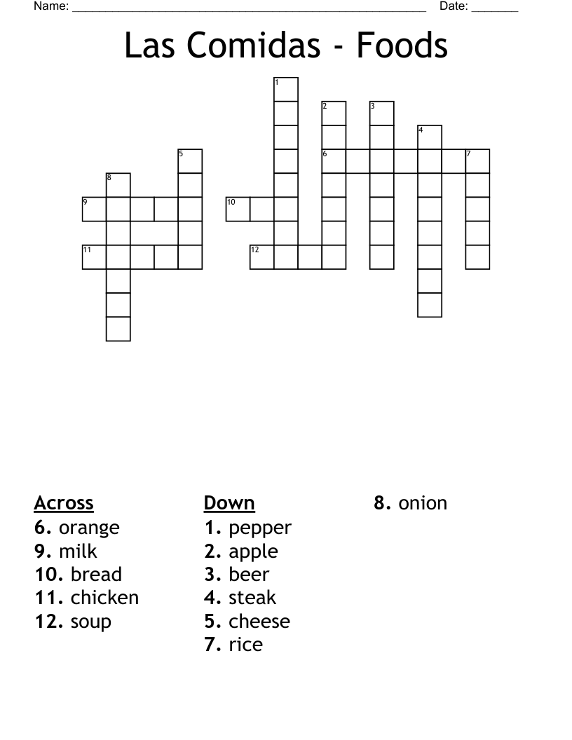 Las Comidas Foods Crossword WordMint