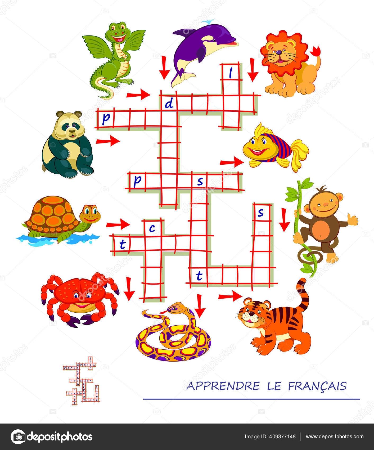 Learn French Crossword Puzzle Game Animals Educational Page Children Study Stock Vector By Nataljacernecka 409377148