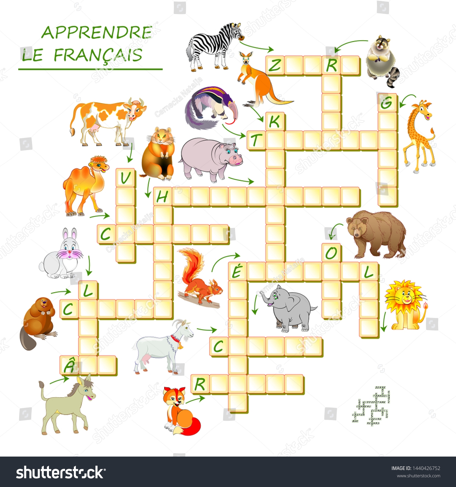 Learn French Crossword Puzzle Game Animals Stock Vector Royalty Free 1440426752 Shutterstock