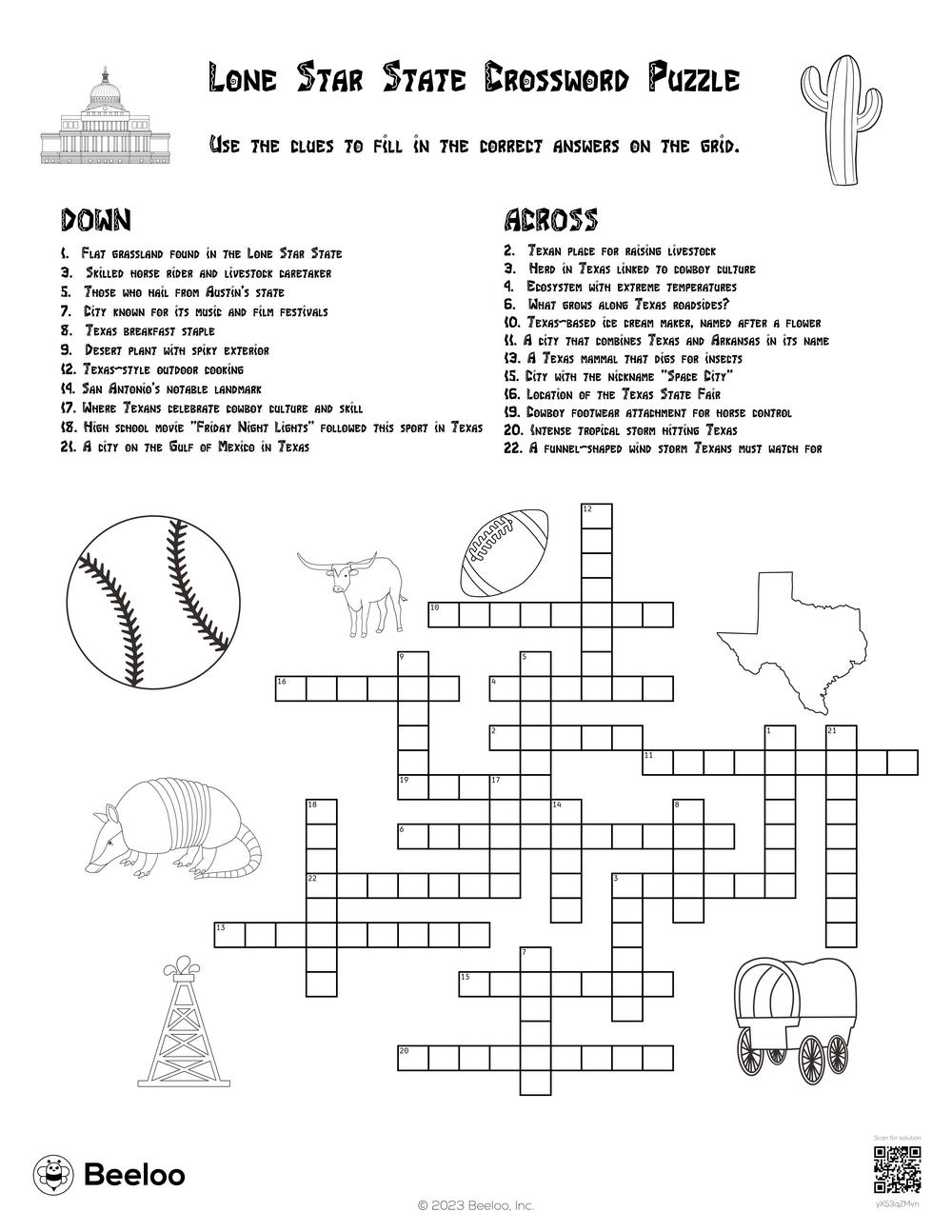 Lone Star State Crossword Puzzle Beeloo Printable Crafts And Activities For Kids
