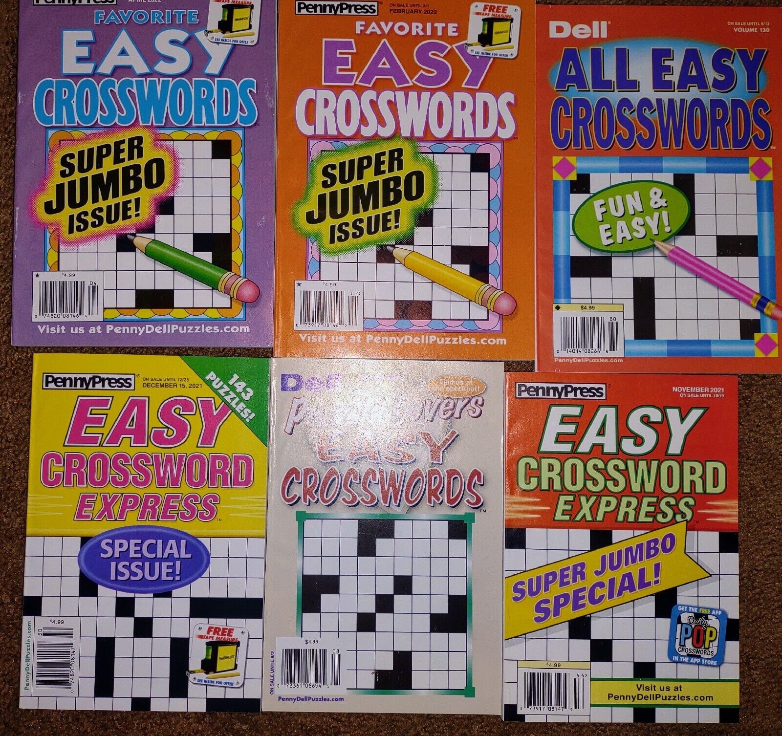 Lot Of 6 NewPennyPress Dell Easy Fast Fun Crossword Puzzle Books Random Mix Party Pieces