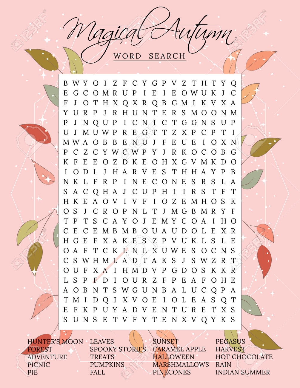 Magical Autumn Word Search Puzzle Fall Season Crossword Puzzle For Children Or Adults Printable Worksheet For Learning English Educational Keyword Activity Party Card Royalty Free SVG Cliparts Vectors And Stock Illustration Image
