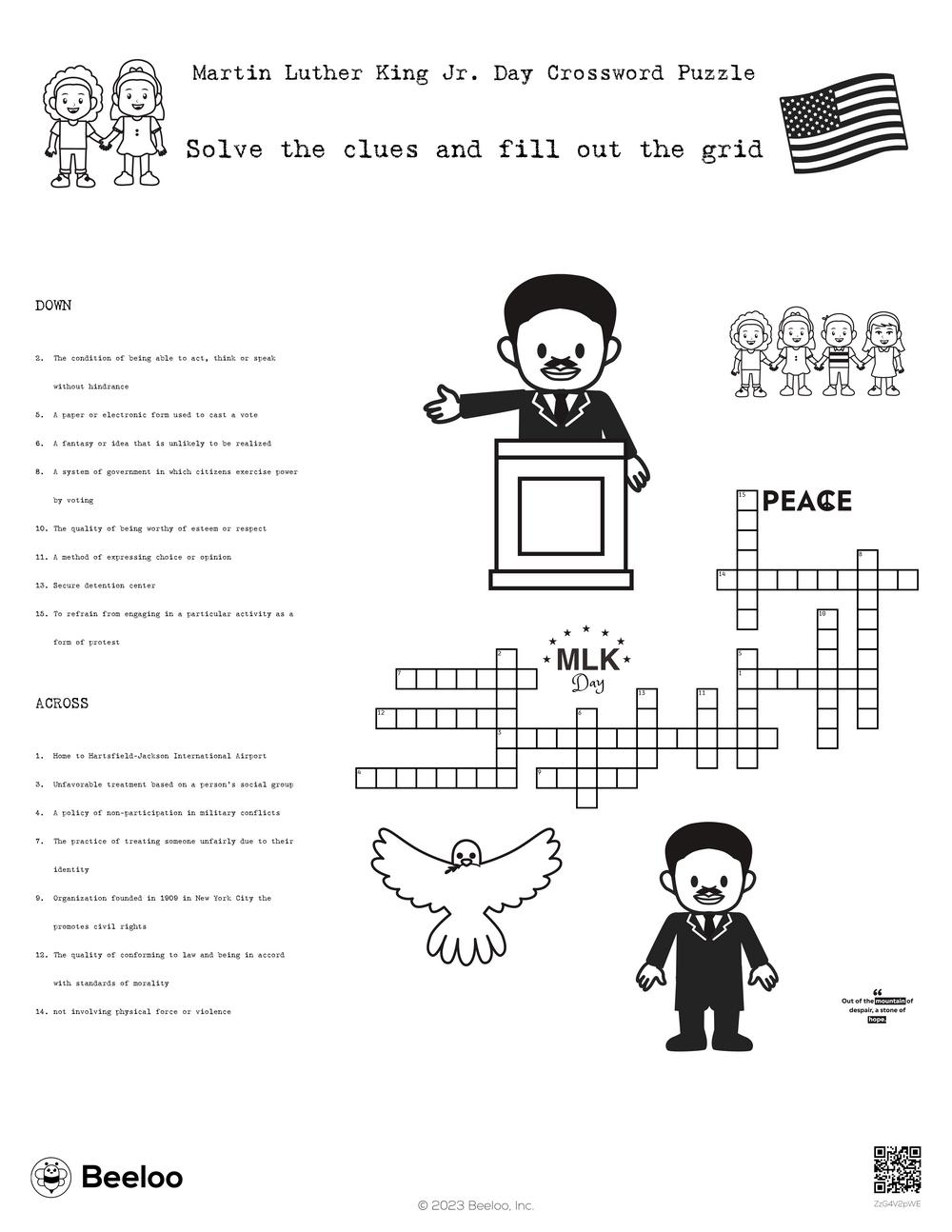 Martin Luther King Jr Day Crossword Puzzle Beeloo Printable Crafts And Activities For Kids