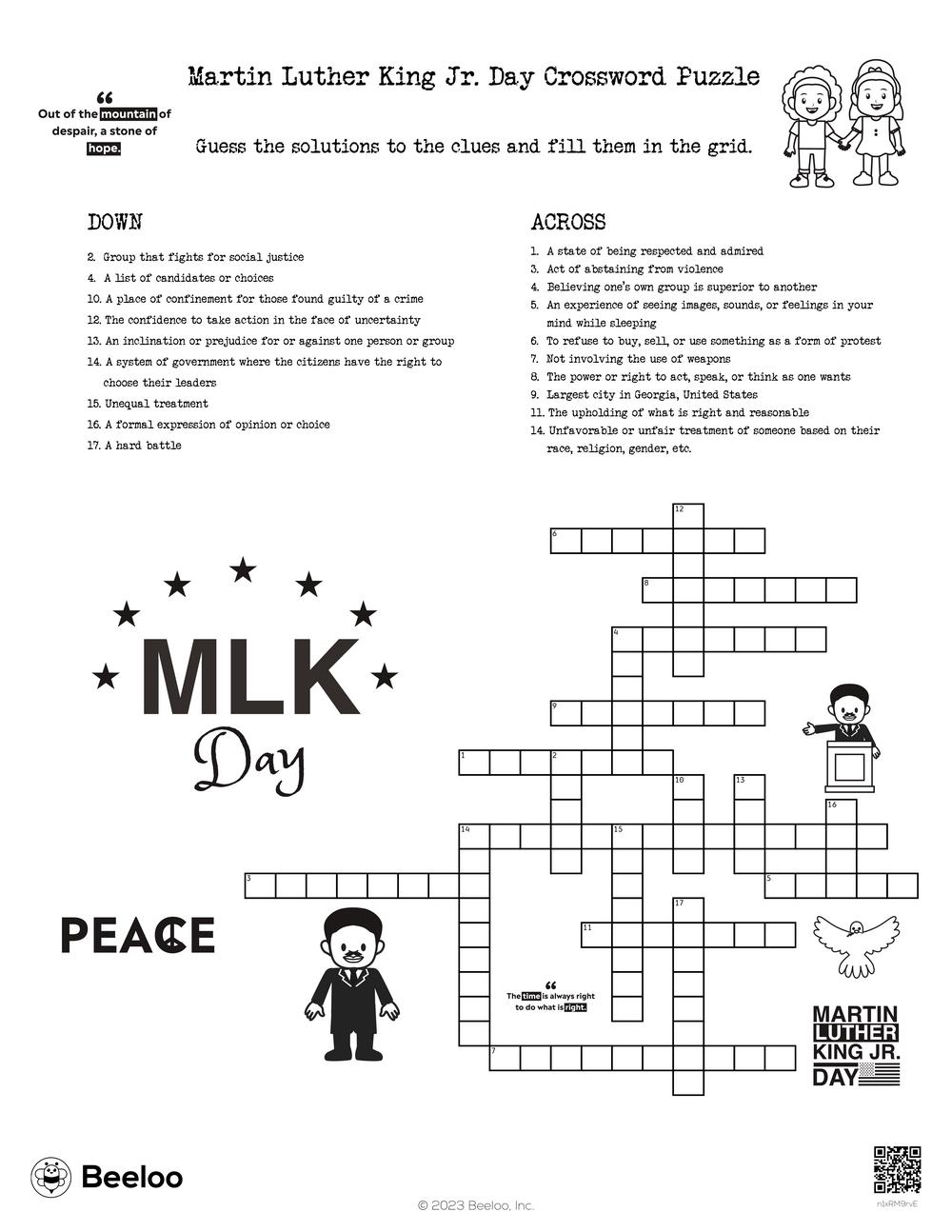 Martin Luther King Jr Day Crossword Puzzle Beeloo Printable 