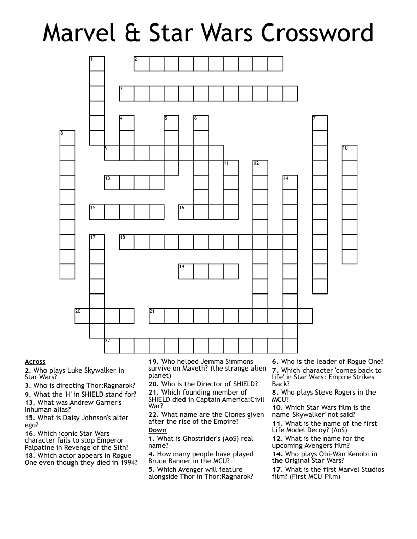 Marvel U0026 Star Wars Crossword WordMint