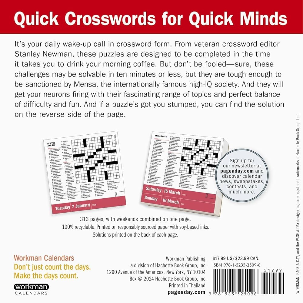 Mensa 10 Minute Crossword Puzzles Page A Day Calendar 2025 Newman Stanley Workman Calendars 9781523525096 Amazon Books
