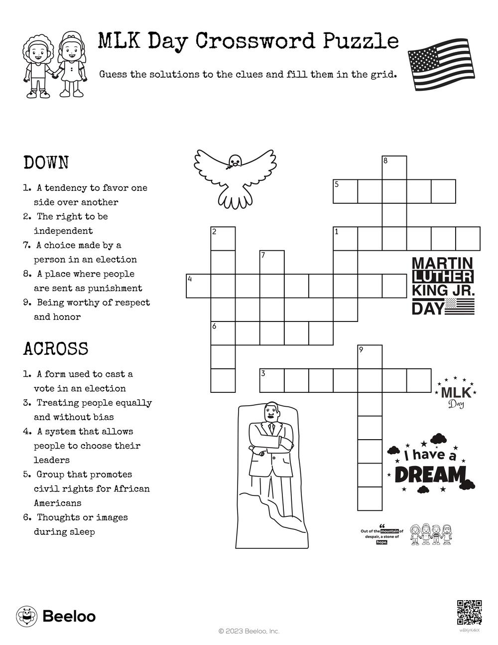 MLK Day Crossword Puzzle Beeloo Printable Crafts And Activities 
