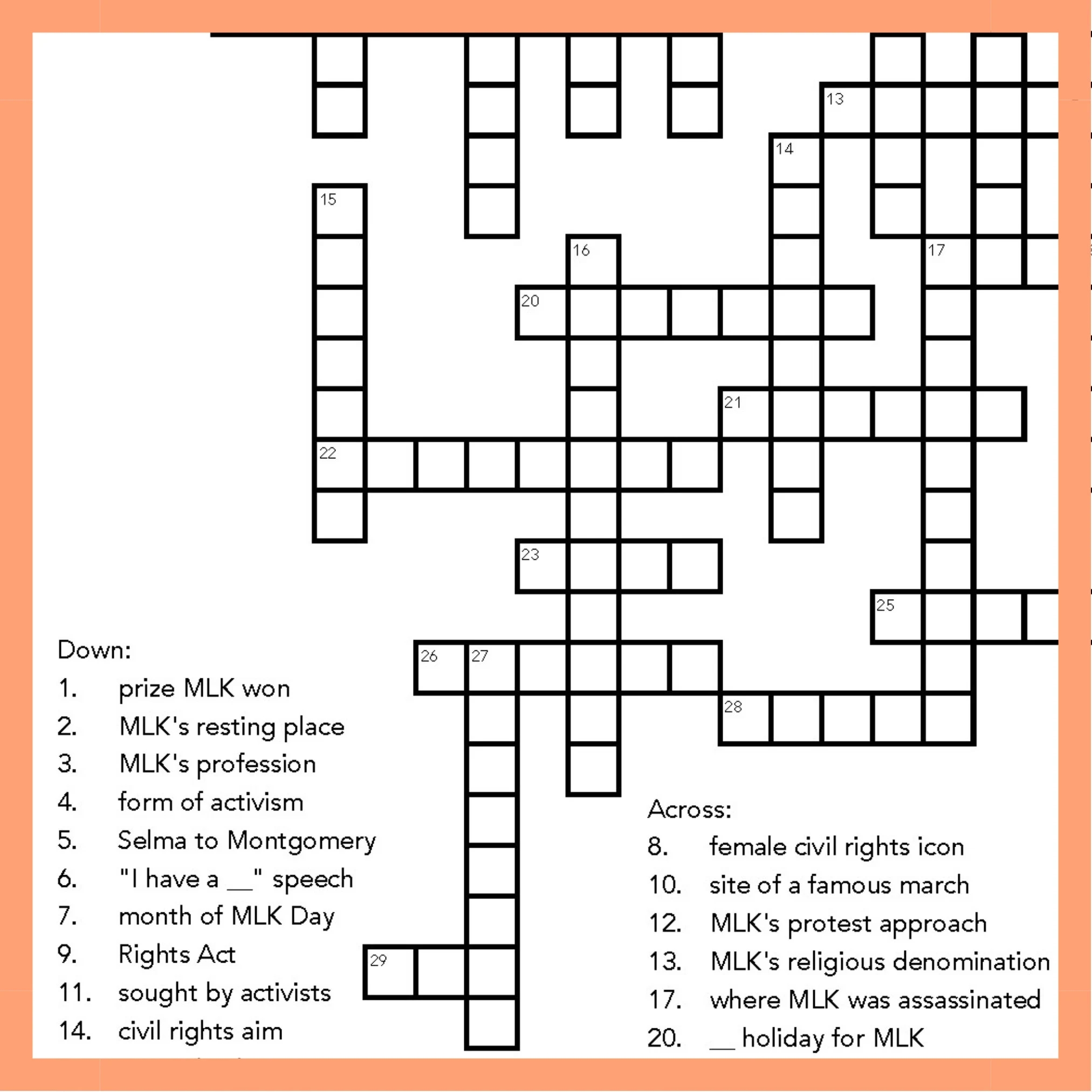MLK Day Crossword Puzzle Educational Activity For Students And Teachers Civil Rights Martin Luther King Jr Printable PDF