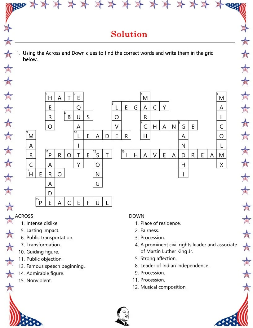 MLK Day Martin Luther King Jr Crossword Puzzle Vocabulary Activity No Prep Printable Worksheet For Kids And Early Finishers Print And Go Etsy