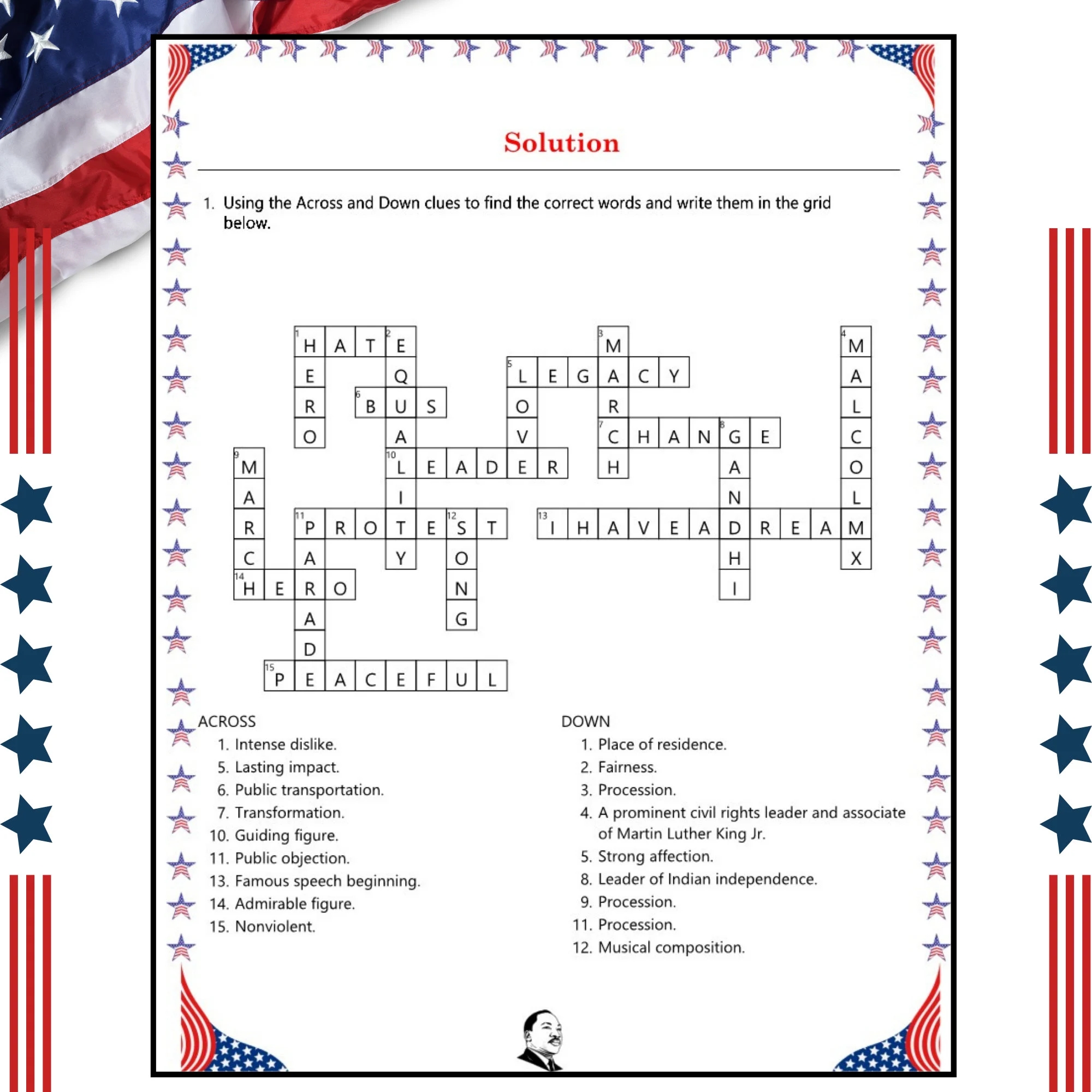 MLK Day Martin Luther King Jr Crossword Puzzle Vocabulary Activity No Prep Printable Worksheet For Kids And Early Finishers Print And Go Etsy