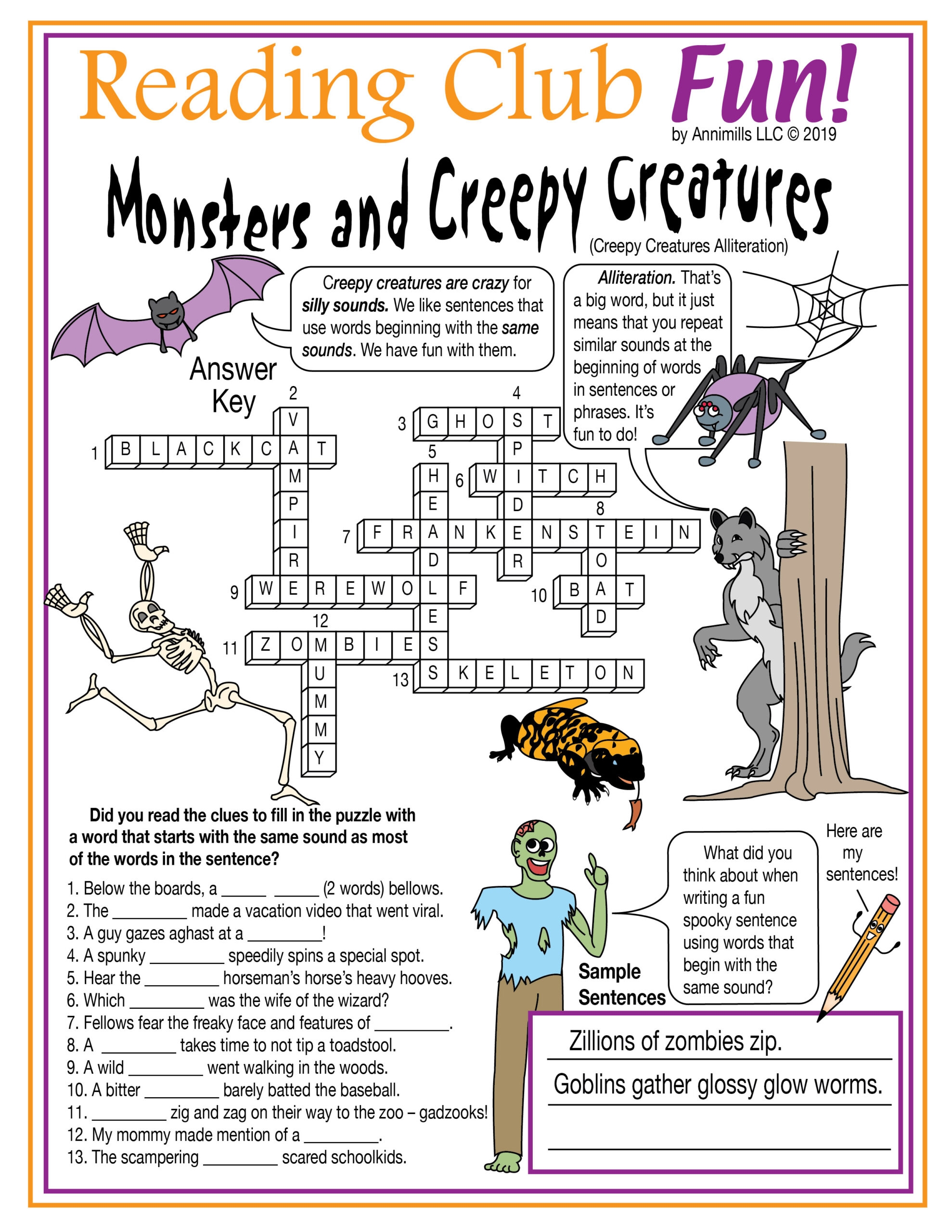 Monsters And Creepy Creatures Anytime Fun Alliteration Printable Crossword Made By Teachers