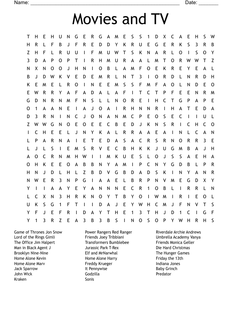 Movies And TV Word Search WordMint