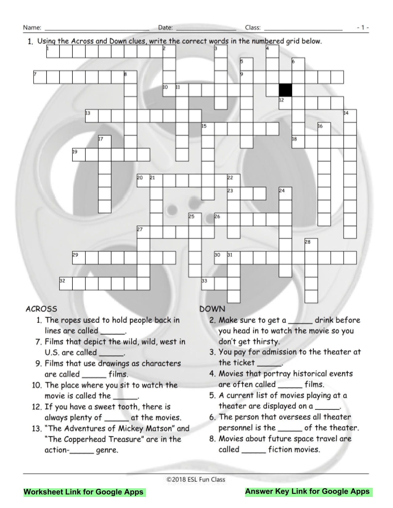 Movies Things Genres Interactive Crossword Puzzle For Google Apps Teaching Resources