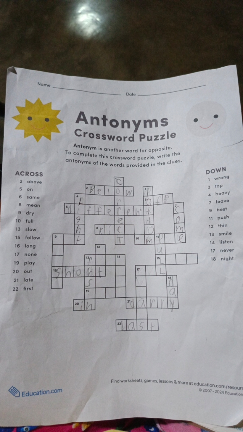 Name Date Antonyms Crossword Puzzle Antonym Is Another Word For Opposite 