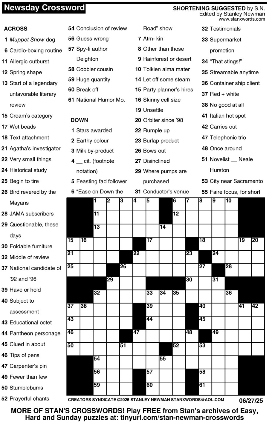 Newsday Crossword Puzzle Creators Syndicate